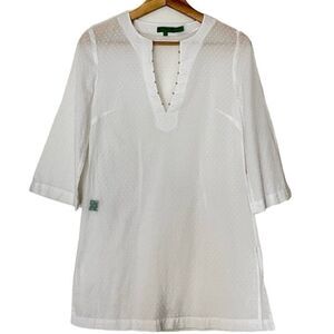 Tibi White Cotton Tunic Sheer Splice V Neck 3/4 Sleeve Beach Cover Up Swim Small